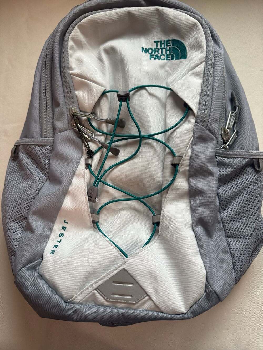 The North Face Jester Backpack Gorpcore Gray White Teal Hiking School Travel